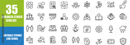 Business Ethics Icon Set – Editable Line Icons Collection Featuring Corporate Responsibility, Integrity, Compliance, Transparency, Fair Trade, Trust, Law, Justice, Governance and Ethical Management Co