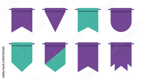 Eight simple flat design flag and pennant shapes in purple and teal against a clean white background