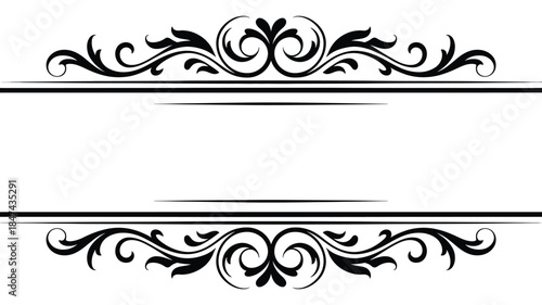 Elegant black filigree border frame with swirling floral motifs surrounds a blank white space