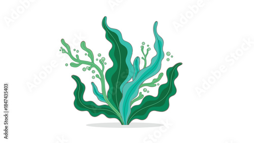 Vibrant underwater flora with flowing green kelp and delicate branching sea growth in a stylized illustration