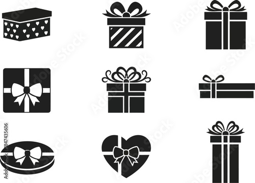 Set of nine black gift box icons with bows and ribbons