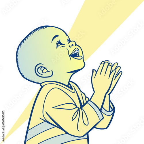 Happy baby boy praying with hands together looking up
