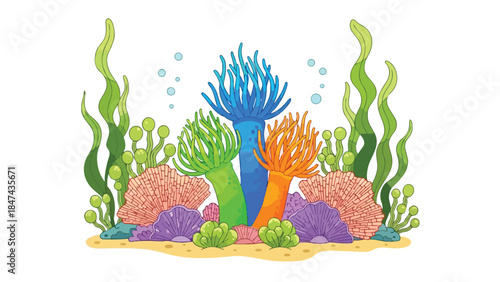 Vibrant underwater marine life illustration with colorful corals and flowing seaweed creating an aquatic ecosystem panorama