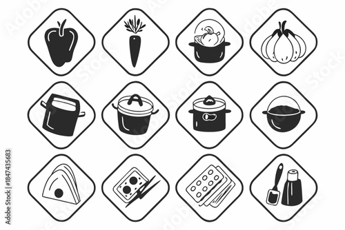 Set of kitchen icons for food preparation and cooking