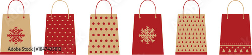 Set of six decorative gift bags in red and kraft paper colors isolated on white background
