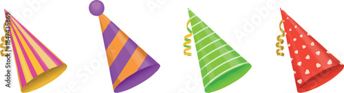 Four colorful party hats with streamers isolated on white background
