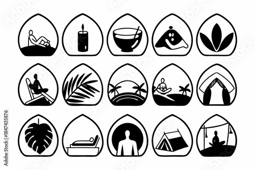 Wellness retreat activity icons representing relaxation and healthy lifestyle