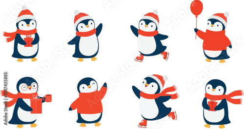 Set of cute cartoon penguins in winter hats and scarves celebrating holidays