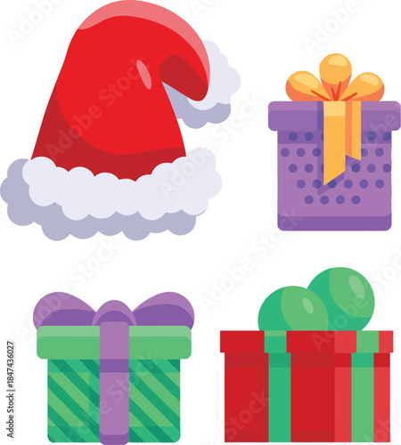 Christmas icons santa hat and assorted gift boxes