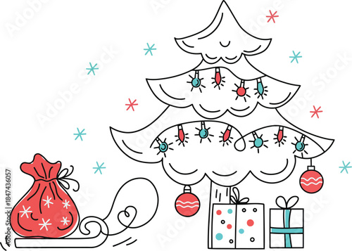 Outline drawing of a christmas tree with decorations, gifts, and a sack of presents on a sleigh