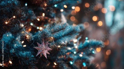 Wallpaper Mural A festive close-up of a decorated Christmas tree, featuring sparkling lights and ornaments against a soft, blurred background. Torontodigital.ca
