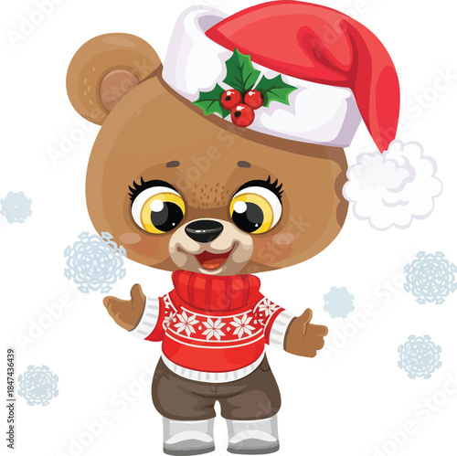 Cute cartoon bear cub wearing santa hat and christmas sweater with snowflakes