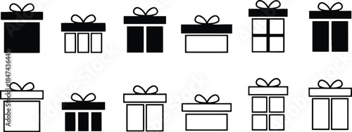 Set of gift box icons in black and white outline styles