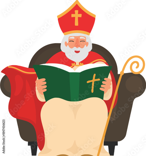Saint nicholas sitting in a chair reading a green book with a cross on the cover