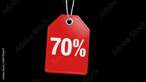 
Red 3D 70 percent off sale tag swinging animation on black background