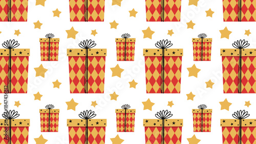 Seamless pattern with gift boxes and stars on white background