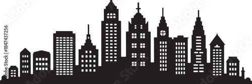 Black and white silhouette cityscape panorama with high rise buildings and skyscrapers