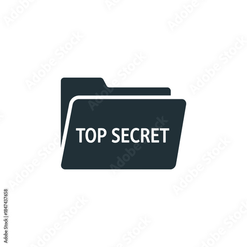 A minimalist graphic illustration featuring a dark grey folder icon prominently displaying the white text "TOP SECRET".