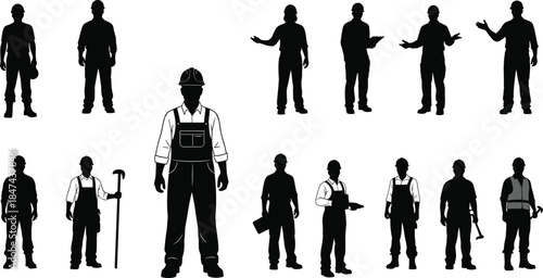 Silhouettes of construction workers in various roles, tools, and poses representing teamwork, labor diversity, and industrial workforce illustration concept.