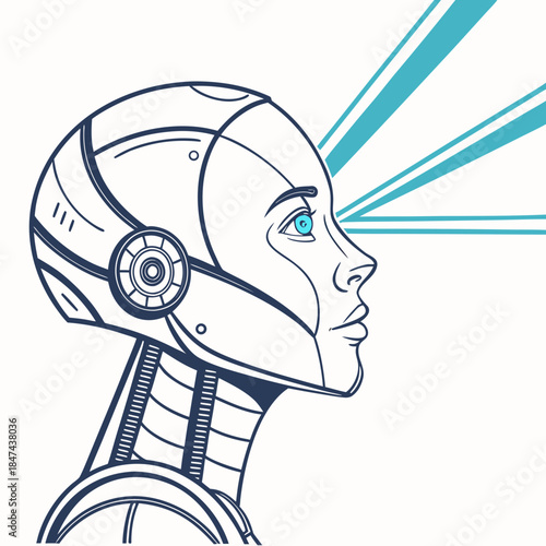 Robotic face with blue energy beam from eye humanoid robot