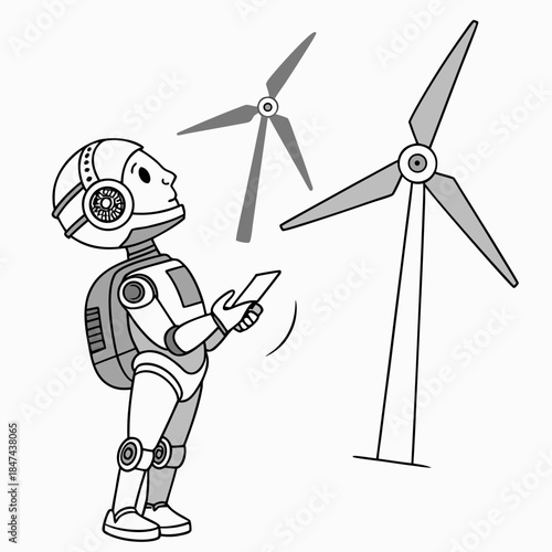 Humanoid robot studying floating wind blades wind turbine