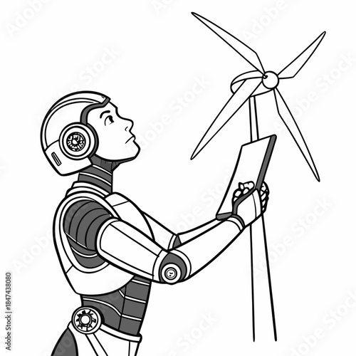 Humanoid robot studying floating wind blades with tablet