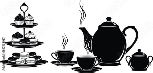 Afternoon tea silhouette, elegant tea set, cupcake tray, teapot illustration, steaming cups, black vector icon, vintage style, hospitality theme