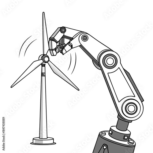 Robotic hand balancing rotating wind turbine model