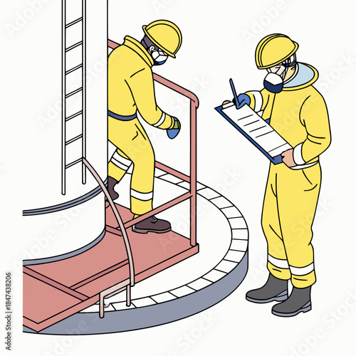 Technicians in yellow safety suits inspecting reactor