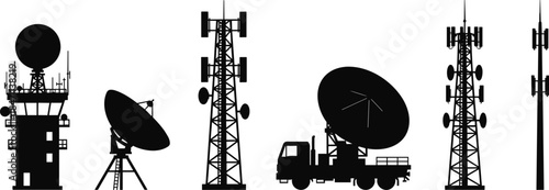 High-Voltage Electricity Transmission Tower and Distribution Poles with Transformers Silhouette Vector Illustration Set, Representing Power Grid Infrastructure and Urban Energy Supply Network.