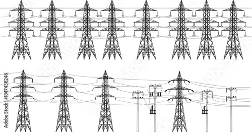 High-Voltage Electricity Transmission Towers and Power Lines Vector Illustration, Representing Large-Scale Power Grid Infrastructure, Energy Supply, and Distribution Network System.