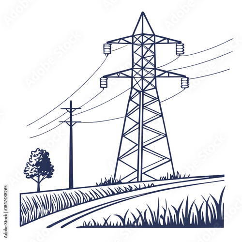 Power transmission tower on grassy hill with tree and wires