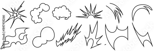 Comic Explosion Shapes Abstract Vector . Impact, energy, and motion design. Black comic style explosion and burst shapes scattered on white background, suitable for pop art design. 