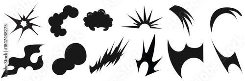 Comic Explosion Shapes Abstract Vector . Impact, energy, and motion design. Black comic style explosion and burst shapes scattered on white background, suitable for pop art design. 