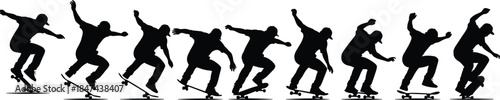 Skateboarder performing ollie trick in motion sequence silhouette style for sports action, youth culture, and urban activity design