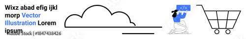 Cloud technology, e-commerce, coding, data sharing, digital systems, online platforms. A cloud, shopping cart and coding symbol. Cloud technology and e-commerce conceptual
