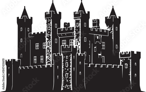 Silhouette of a grand medieval castle with multiple towers and battlements