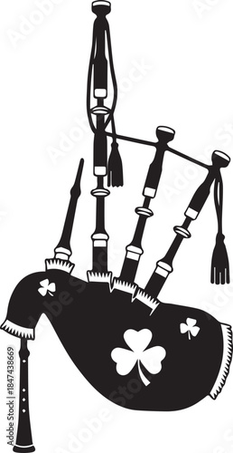 Black silhouette of irish bagpipes with shamrock embellishments