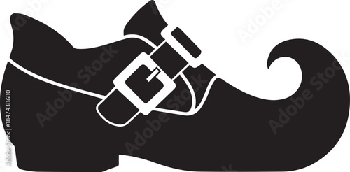 Black silhouette of a whimsical elf shoe with a buckle