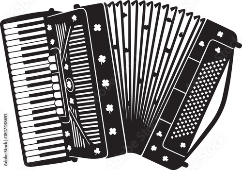 Black and white illustration of a classic accordion musical instrument