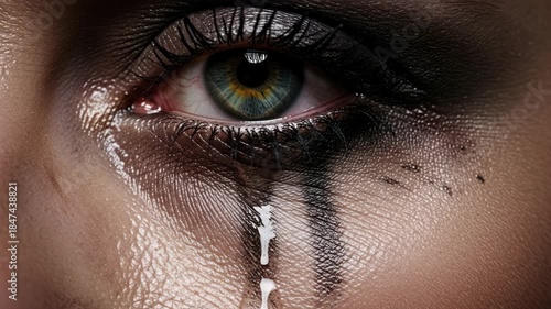 Close-up Macro Shot of a Tearful Eye with Dramatic Black Makeup Streaking Down
