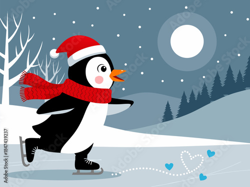 A cute cartoon penguin wearing a Santa hat and scarf ice skating under the moonlight with hearts trailing behind.