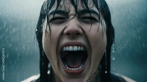 Desperate Woman Screaming In The Rain Experiencing Intense Emotion And Distress