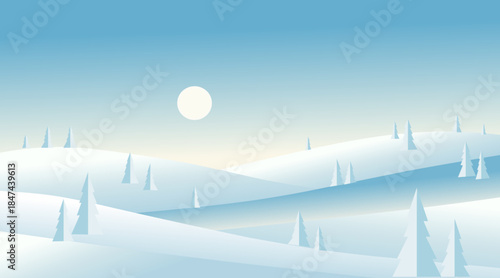 Minimalist Flat Landscape Winter Scene With Pine Tree and Moon Illustration