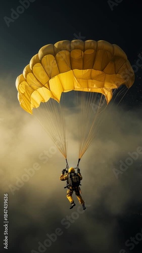 A solo skydiver glides down with a yellow parachute through the clouds and dark sky. Concepts related to challenge and courage
