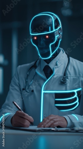 A futuristic robot doctor in a lab coat with glowing elements is writing notes, blending technology and healthcare.