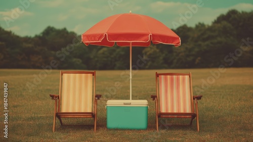 Two colorful chairs under a red umbrella beside a cooler, set against a spacious grassy field with trees in the background, evoking a relaxed outdoor vibe.