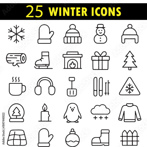 Winter Season Icons Vector Set Featuring Cold Weather Elements, Snowy Symbols, Seasonal Clothing Graphics and Frosty Climate Concepts