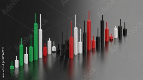 Financial Candlestick Analysis: A sophisticated financial concept with an array of diverse colored candlesticks, arranged to visualize the dynamic movements and trends within the financial market.