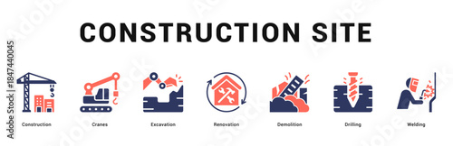 Construction Site Modern and clean web banner illustration featuring thematic icons for visual communication